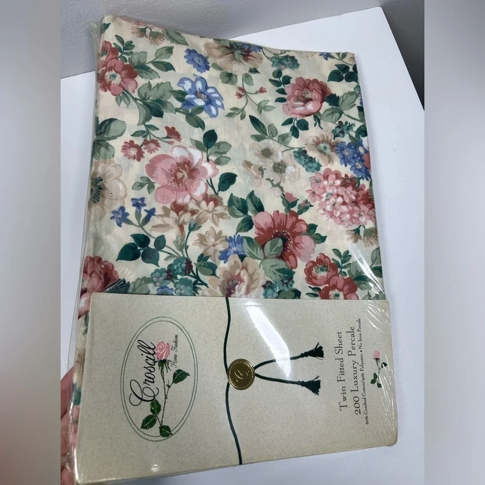 Vintage CROSCILL Floral Twin Flat & Fitted Sheet Ruffle Set 200 Luxury Percale